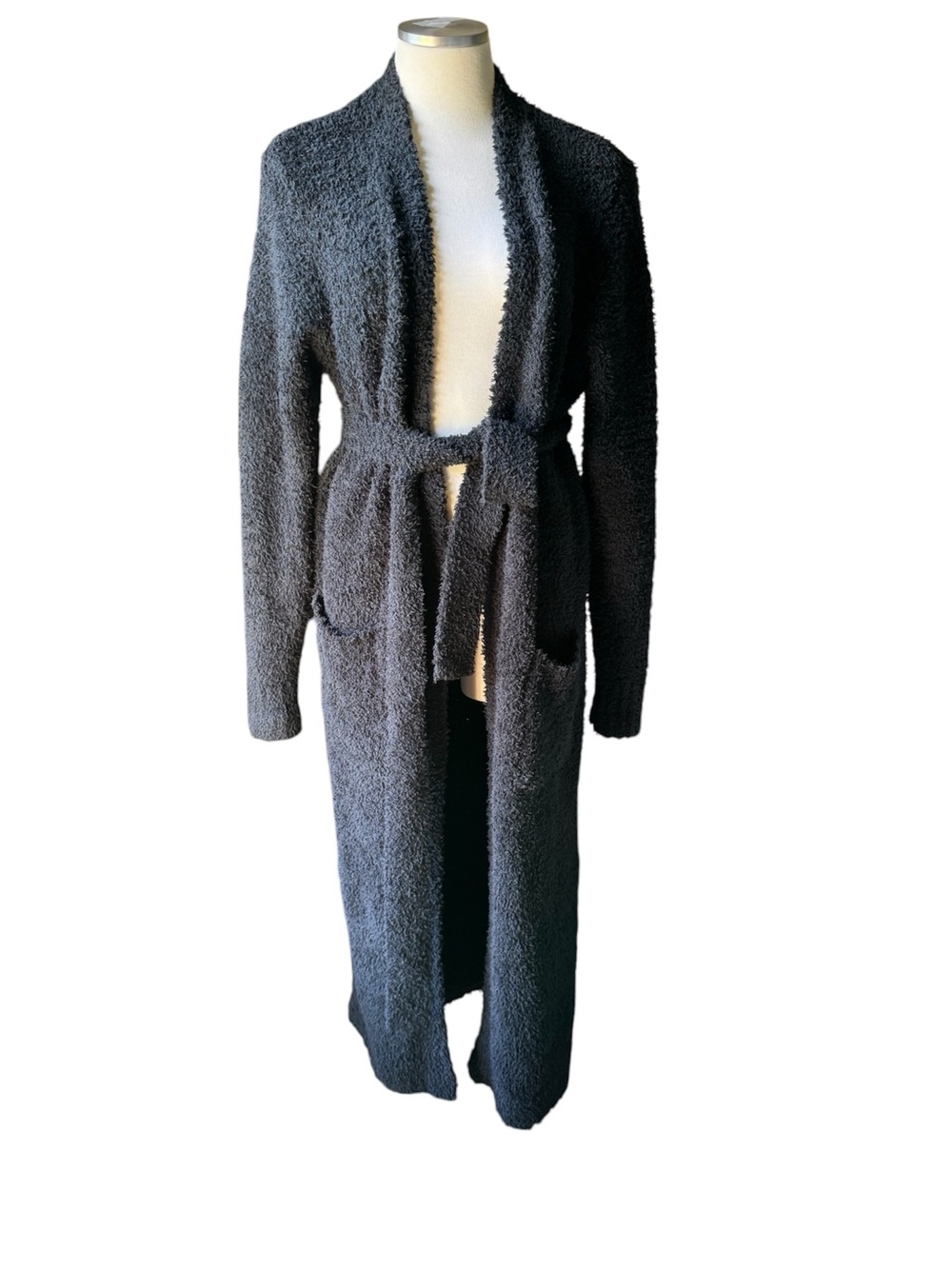 Skins Cozy Black Long Teddy Robe with Tie Belt
